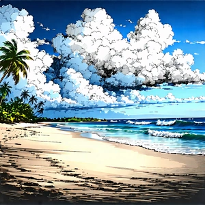 Nature Ink Drawing: Dramatic Clouds Over Tropical Beach With Painting Beach