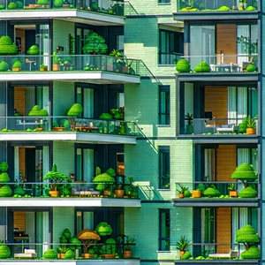 Urban Digital Illustration: Modern apartment complex with green rooftop