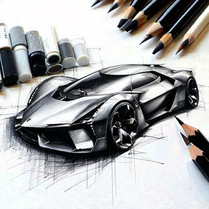 Tech Charcoal Drawing: Automotive Technology In Design Studio With Drawing Futuristic