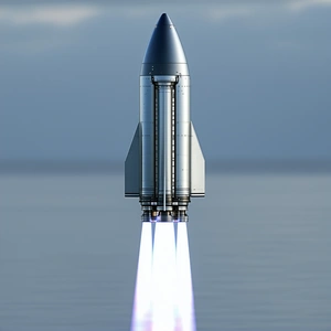 A Rocket Ship Flying Through The Sky, With Its Tail End Visible