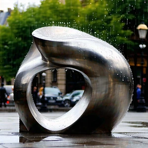 Urban Editorial Photography: (modern:1.14) sculpture with (rain:1.13)-slicked streets