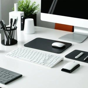 Business Product Photography: Workplace With Modern Office Supplies On Desk With White Desk