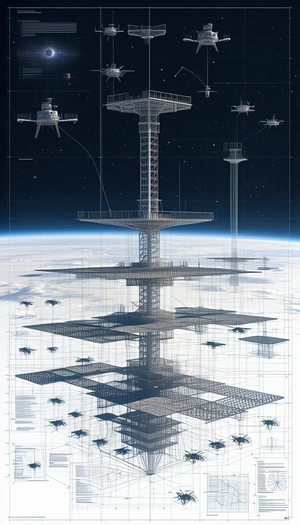 futuristic scene, there several spacecraft