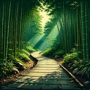 Nature Woodcut Print: Path Through Bamboo Grove With Serene Forest