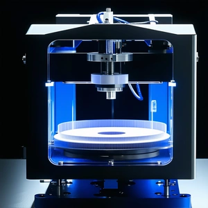 A Blue And White Machine With A Clear Plastic Top, Likely A 3d Printer