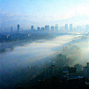 Urban Macro Photography: Cityscape of urban skyline during foggy morning