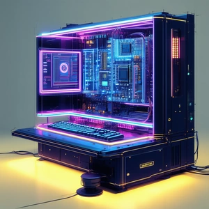 Tech Pencil Sketch: Quantum computer with neon accents