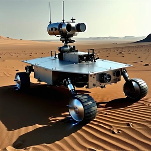 A Large Robotic Vehicle With Four Wheels, Sitting In A Desert-like Environment