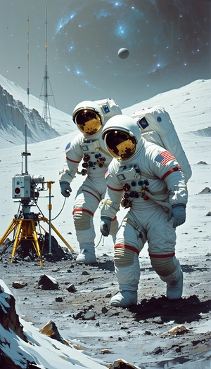 In The Image, There Are Two Astronauts Wearing White Suits, Standing On A Rocky Surface