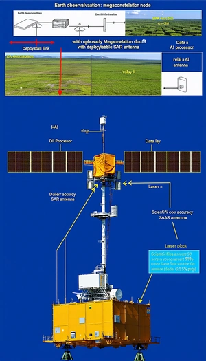 The Image Is A Blue Diagram That Shows A Satellite Dish On Top Of A Tower