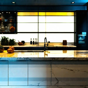 Lifestyle Commercial Photography: Modern Kitchen With Warm Lighting With Large, Modern