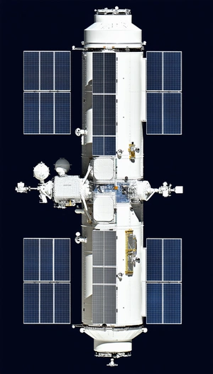 A Large White Spacecraft Is Shown In A Blue Sky