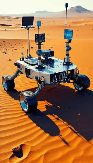 A Large Robotic Vehicle With Four Wheels, Driving Across A Sandy Terrain