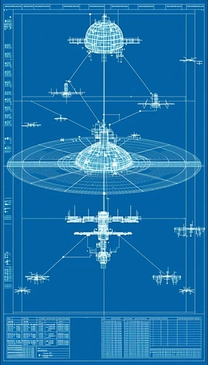 A Blue Drawing Of A Space Ship Is Shown