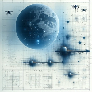 A Blue And White Drawing Of A Moon And A Space Station Is Displayed