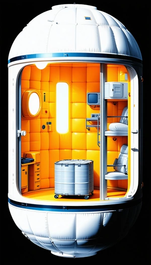A Futuristic Space Station With A Variety Of Furniture And Appliances