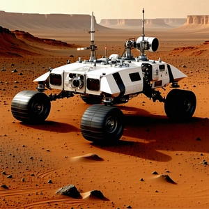 A White Robotic Vehicle Is Sitting On A Red Dirt Surface, Possibly In A Desert