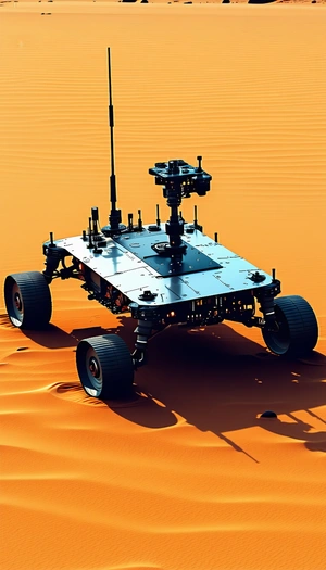 A Large, Four-wheeled Robotic Vehicle, Possibly A Tank, Sitting In A Desert-like Environment