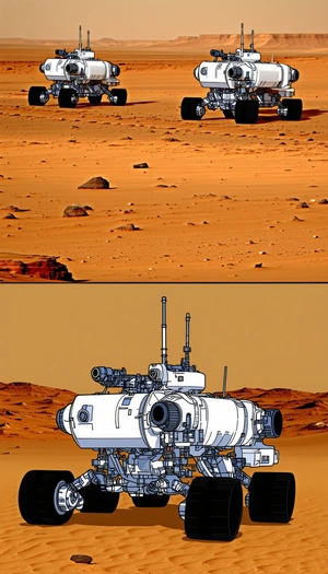 A White Spacecraft On A Red Dirt Surface, Possibly A Martian Landscape