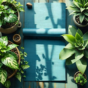 Lifestyle Aerial Photography: Wellness Scene With Yoga Mat And Plants With Wooden Table