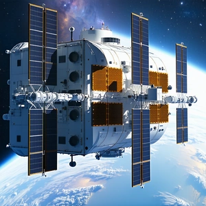 A Large Spacecraft Is Shown In A Close-up View, With Its Various Components Clearly Visible