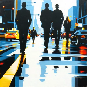 Urban Acrylic Painting: Cityscape of downtown district during rush hour