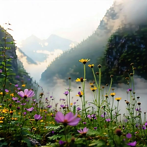 Nature Stock Photography: Wildflowers In Misty Environment With Beautiful Mountain