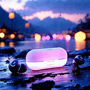 Wireless Earbuds With Glowing Screen With Nighttime Scene
