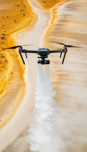 A Large Drone Is Flying Over A Dirt Road, Spraying Water As It Goes