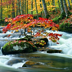 Nature Architectural Photography: Rushing River Surrounded By Autumn Trees With Small Tree