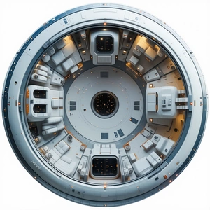 The Image Is A Close-up Of A Large, Round, White Structure, Possibly A Spacecraft Or A Large Room