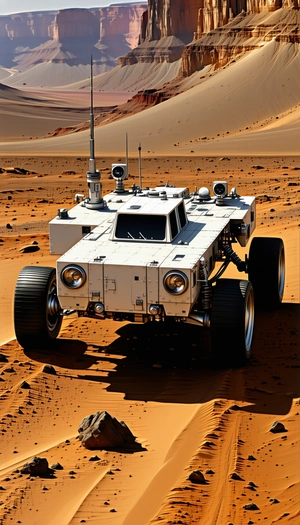 A White Vehicle, Possibly A Truck Or A Car, Driving Across A Desert Landscape