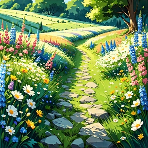 Nature Infographic Style: Path Through Flowering Meadow With Beautiful, Lush