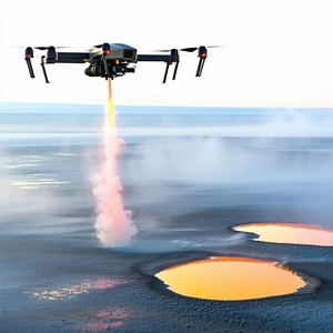 A Drone Flying Over A Frozen Lake, With A Trail Of Smoke Following It