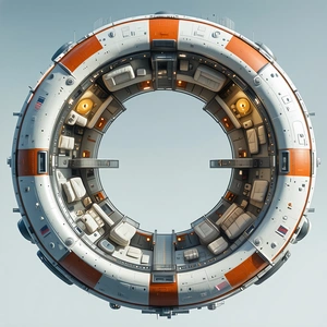 A Large, Round, White And Orange Spacecraft With A Circular Door