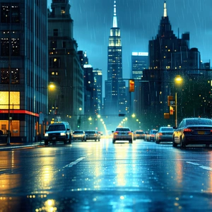 Urban Blender Artwork: Cityscape Of Downtown District During Rainy Evening With Busy City