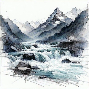 Nature Pencil Sketch: Rushing (river:1.31) Surrounded By Mountain Peaks With Watercolor Painting