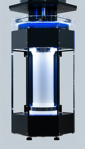 A Large Blue And White Light Is On Display, With A Black Base And A White Column