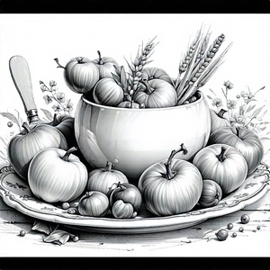 Lifestyle Ink Drawing: Farm-to-table Meal Prepared With Artistic Presentation With White Bowl