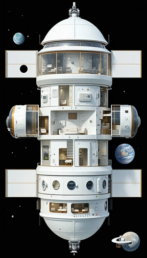 A Large White Space Station Is Shown In A Three-dimensional View