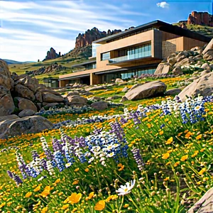 Nature Architectural Photography: Wildflowers In Rocky Terrain With Beautiful Landscape