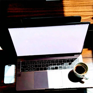 Business Aerial Photography: Workplace With Laptop And Coffee On Desk With Laptop Computer