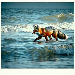 Nature Etching: Fox In Ocean Waters With Walking Through