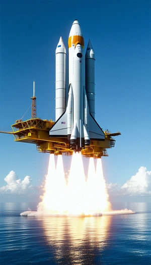 A Space Shuttle, Which Is A Large White And Black Spacecraft, Flying Over A Yellow Oil Rig
