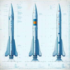 A Blue And White Rocket Is Shown In Three Different Stages Of Its Flight