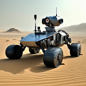 A Futuristic Robotic Vehicle, Possibly A Rover Or A Tank, Sitting On A Sandy Surface