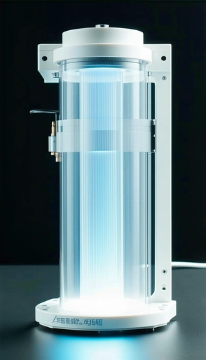A Large, Blue, Illuminated Tube Or Cylinder, Which Appears To Be A Light Fixture