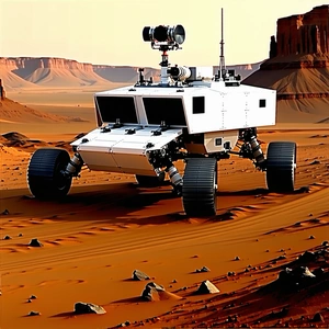 A White Robotic Vehicle, Possibly A Rover, Driving Across A Sandy Terrain