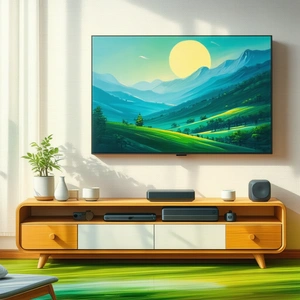 Tech Gouache Painting: Smart home device with digital artwork