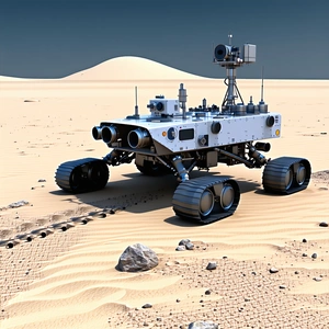 A Large Robotic Vehicle, Possibly A Rover, Driving Across A Sandy Terrain